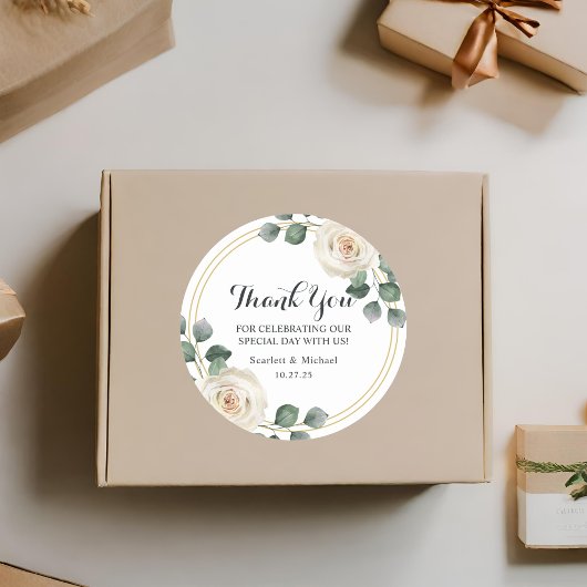 Moderne Elegante Witte Rose Bruiloft Ronde Sticker