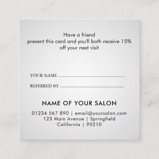 Moderne elegante witte schoonheidssalon aanbevelingskaartje (Achterkant)