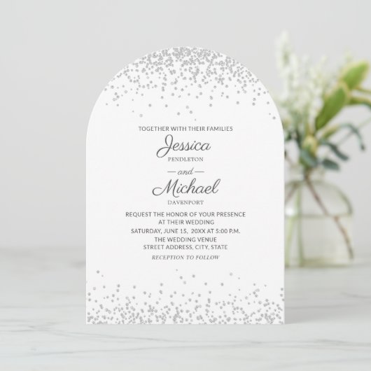 Moderne elegante witte zilveren glitter boog bruil kaart (Staand voorkant)