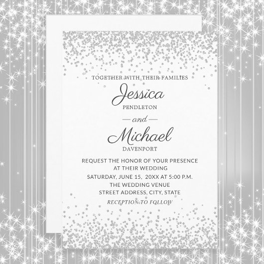 Moderne Elegante Witte Zilveren Glitter Bruiloft Kaart