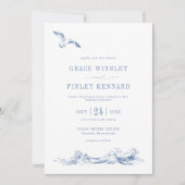 Moderne Elegante Zeezijdige Kust Blauwe Bruiloft Kaart (Voorkant)