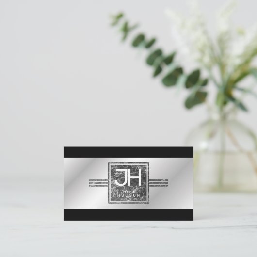 Moderne Elegante Zilveren en Zwarte Lijnen Zakelij Visitekaartje (Staand voorkant)