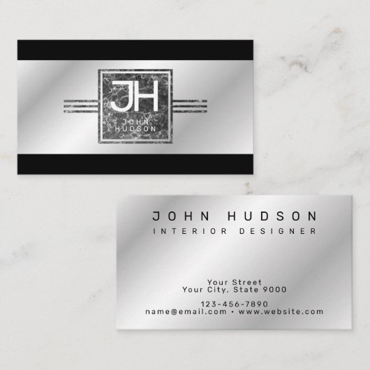 Moderne Elegante Zilveren en Zwarte Lijnen Zakelij Visitekaartje (Voorkant / Achterkant)