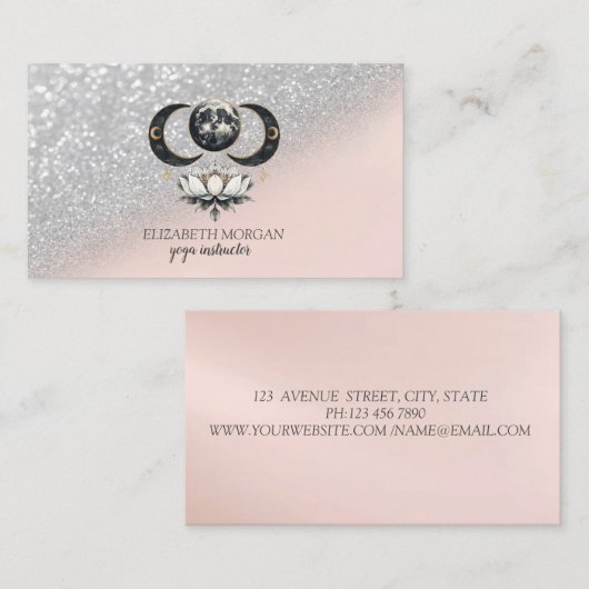 Moderne Elegante Zilveren Glitter Bokeh Lotus Moon Visitekaartje (Voorkant / Achterkant)