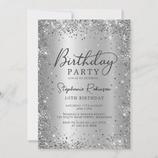 Moderne Elegante Zilveren Glitter Metaal 10e Verja Kaart (Voorkant)