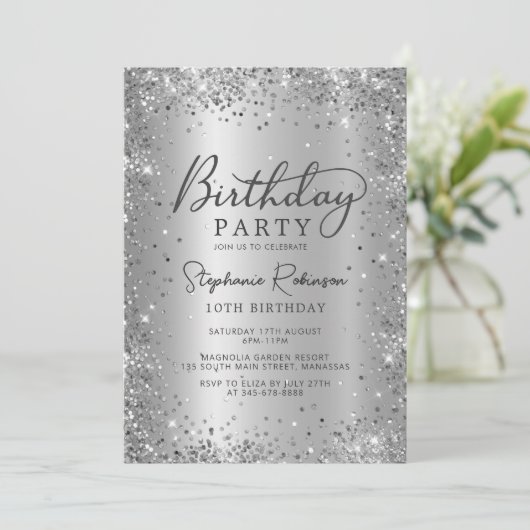 Moderne Elegante Zilveren Glitter Metaal 10e Verja Kaart (Staand voorkant)