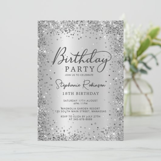 Moderne Elegante Zilveren Glitter Metaal 18e Verja Kaart (Staand voorkant)