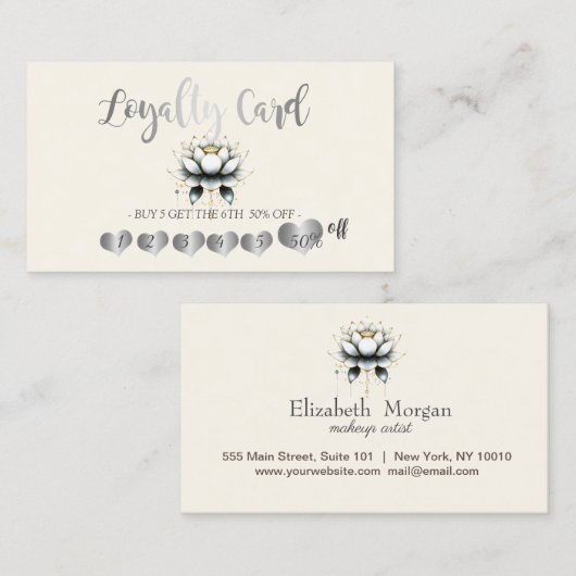 Moderne Elegante Zilveren Harten, Witte Lotus Klantenkaartje (Voorkant / Achterkant)