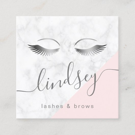 Moderne elegante zilverwitte marmer roze zweepslag vierkante visitekaartje (Voorkant)