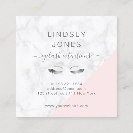 Moderne elegante zilverwitte marmer roze zweepslag vierkante visitekaartje (Achterkant)