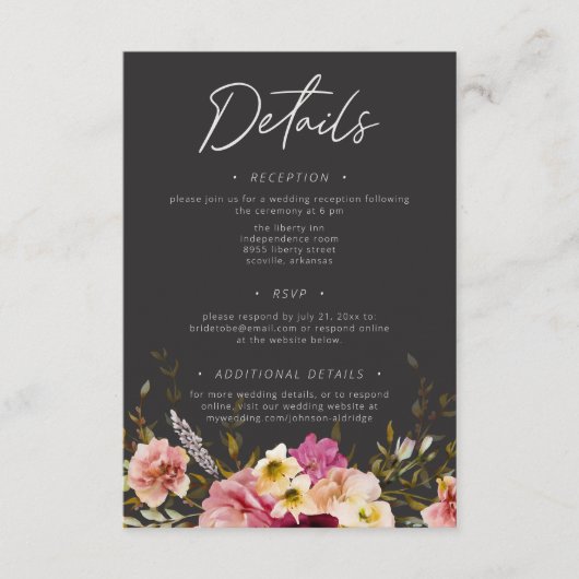 Moderne Elegante Zomerweide Bloemen Zwarte Huwelij Informatiekaartje (Voorkant)