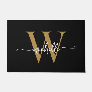 Moderne Elegante Zwar Gouden Monogram Naam Script Deurmat