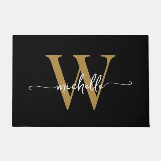 Moderne Elegante Zwar Gouden Monogram Naam Script Deurmat (Voorkant)