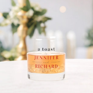 Moderne Elegante Zwart en Rood Toast Namen Bruilof Whisky Glas