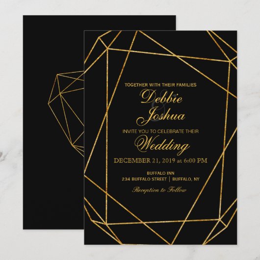 Moderne Elegante Zwart & Gouden Huwelijksuitnodigi Kaart (Voorkant / Achterkant)