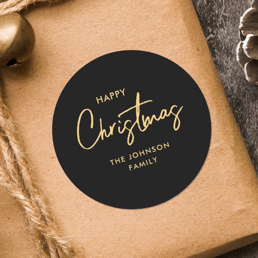 Moderne elegante zwart gouden kerstvakantie ronde sticker