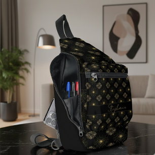 Moderne Elegante Zwart-Gouden Monogramnaam Sling Bag