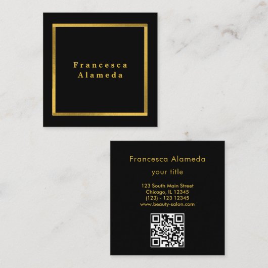 Moderne elegante zwart & gouden professionele qr-c vierkante visitekaartje (Voorkant / Achterkant)
