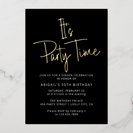 Moderne Elegante Zwart & Gouden Verjaardagsfeestti Folie Uitnodiging (Voorkant)