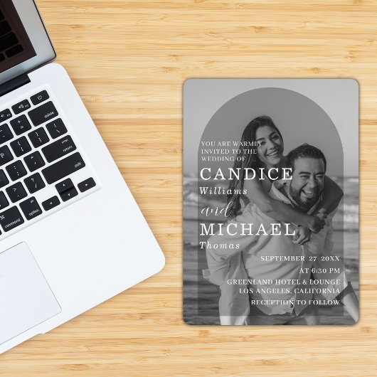 Moderne Elegante Zwart-Wit Boog Foto Bruiloft Kaart