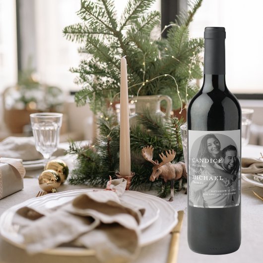 Moderne Elegante Zwart-Wit Boog Foto Bruiloft Wijn Etiket