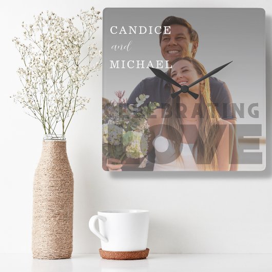 Moderne Elegante Zwart-Wit Fotobruiloft Vierkante Klok