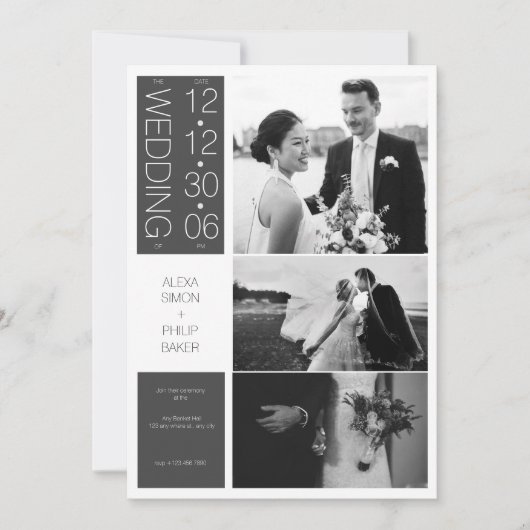 Moderne Elegante Zwart Wit Fotocollage Wedding Feestdagenkaart (Voorkant)