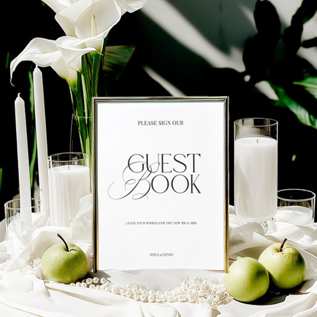 Moderne Elegante Zwart-Wit Gastboek Bord (Modern Elegant Black & White Guest Book Sign)