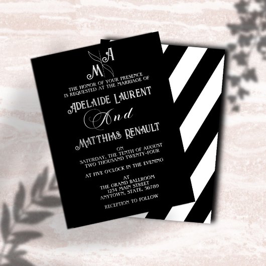Moderne Elegante Zwart & Wit Gestreepte Huwelijk Kaart