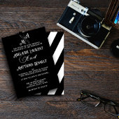 Moderne Elegante Zwart & Wit Gestreepte Huwelijk Kaart