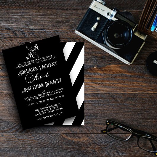 Moderne Elegante Zwart & Wit Gestreepte Huwelijk Kaart