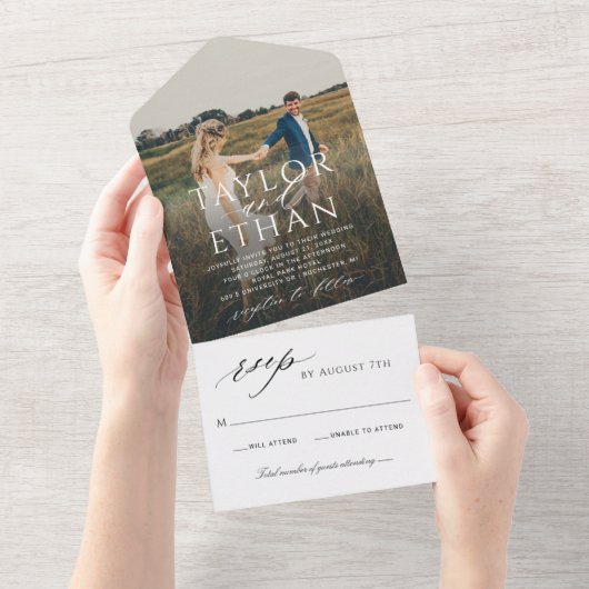 Moderne Elegante Zwart-Wit Huwelijksfoto All In One Uitnodiging (Afscheurbaar)