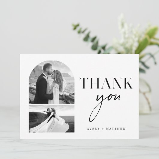 Moderne Elegante Zwart Wit Huwelijksfoto Bedankkaart (Staand voorkant)