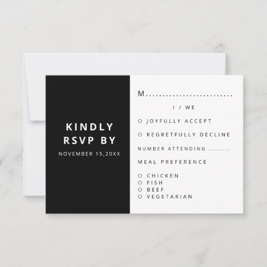Moderne elegante zwart-wit minimalist RSVP kaartje (Voorkant)