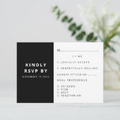 Moderne elegante zwart-wit minimalist RSVP kaartje (Staand voorkant)