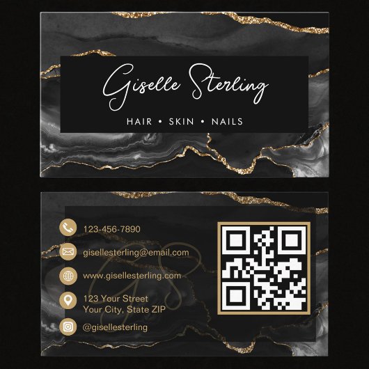 Moderne Elegante Zwarte Agate QR-code Visitekaartje