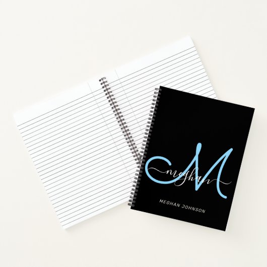 Moderne Elegante Zwarte Blauwe Script Monogram Notitieboek (Binnen)