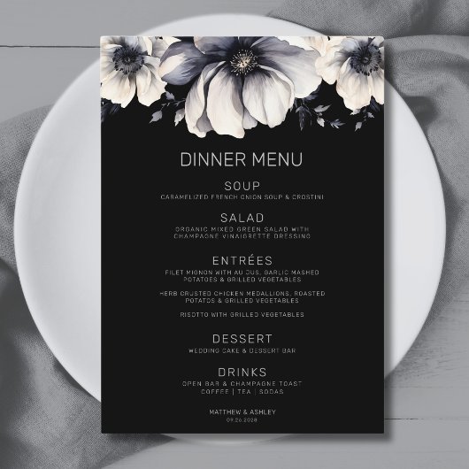 Moderne Elegante Zwarte Bloemige Bruiloft Menu