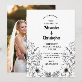 Moderne Elegante Zwarte Botanische Bloemen Huwelij Kaart