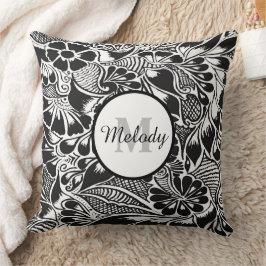 Moderne elegante zwarte botanische bloemenmehndi kussen