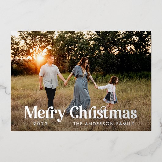 Moderne elegante zwarte botanische typografie foto folie feestdagenkaart (Voorkant)