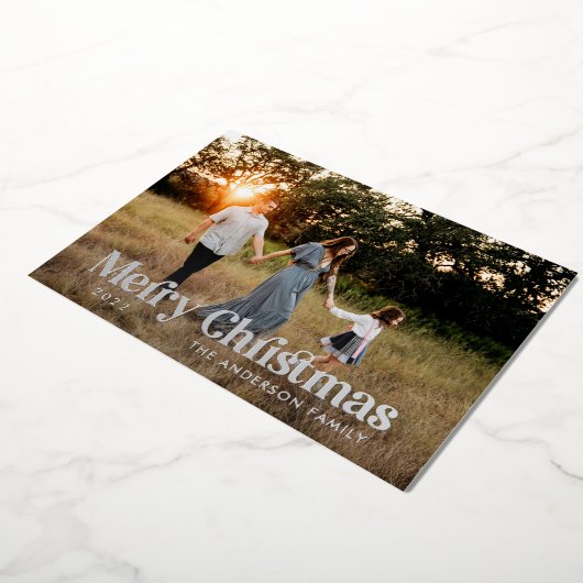 Moderne elegante zwarte botanische typografie foto folie feestdagenkaart (Gedraaid)