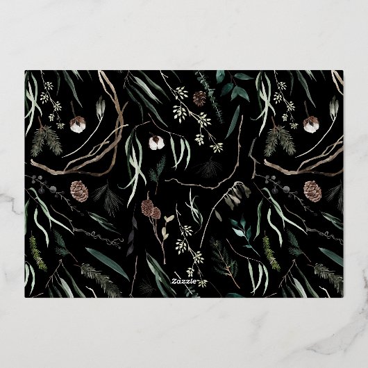 Moderne elegante zwarte botanische typografie foto folie feestdagenkaart (Achterkant)