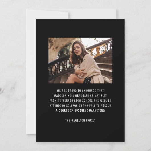 Moderne Elegante Zwarte Bow 2 Foto Afstuderen Aankondiging (Achterkant)