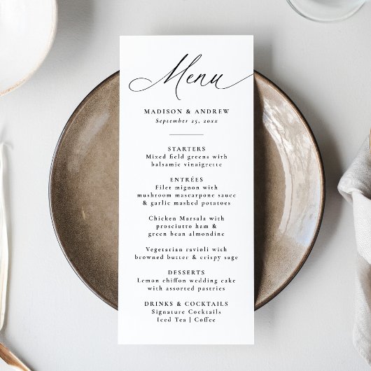 Moderne Elegante Zwarte Calligrafie Bruiloft Menu