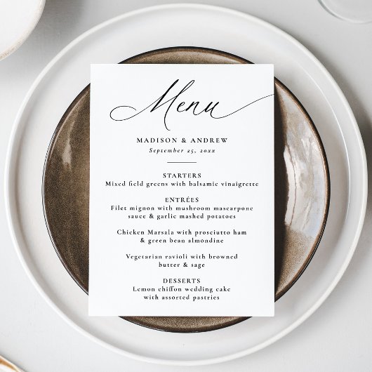 Moderne Elegante Zwarte Calligrafie Bruiloft Menu