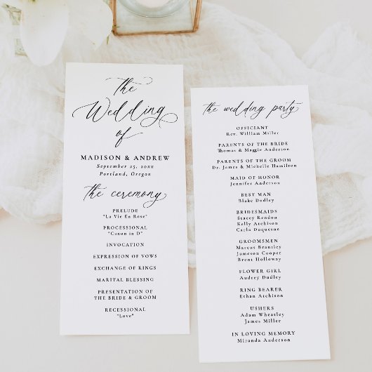 Moderne Elegante Zwarte Calligrafie Bruiloft Programmakaart