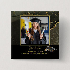Moderne Elegante Zwarte en Gouden Afstudeerfoto Vierkante Button 5,1 Cm