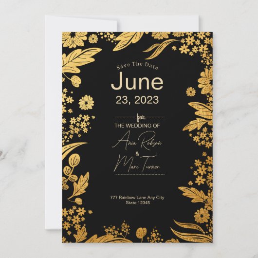 Moderne Elegante Zwarte en Gouden Bloemige Save th Save The Date (Voorkant)