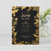 Moderne Elegante Zwarte en Gouden Bloemige Save th Save The Date (Staand voorkant)